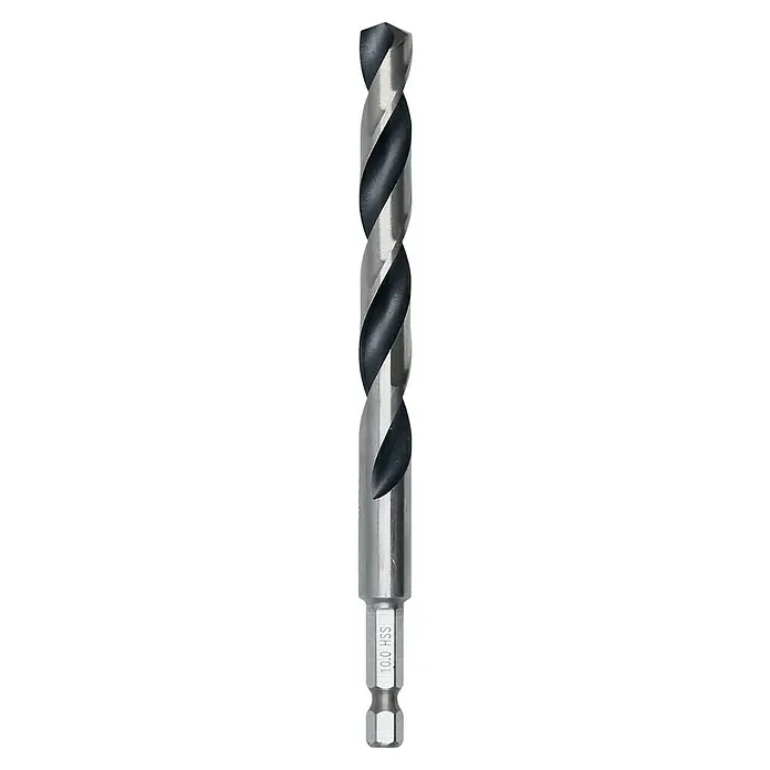Bosch Metallbohrer HSS PointTeQ - Länge: 133 mm - Nahaufnahme eines Metallbohrers mit spiralförmigen Nuten und einem hexagonalen Schaft, ideal zum Bohren von Löchern in verschiedenen Materialien.