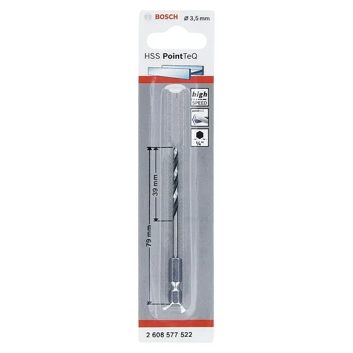 Bosch Metallbohrer PointTeQ - Durchmesser Bohrer: 3,5 mm - Eine 3,5 mm Bosch HSS PointTeQ Bohrerpackung, ideal für schnelle und präzise Bohrarbeiten.
