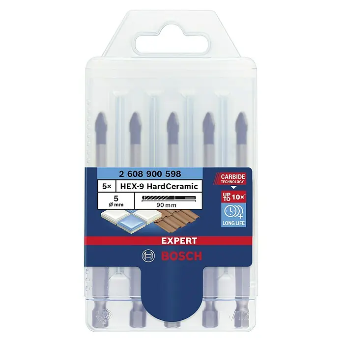 Bosch Professional Expert Bohrer-Set HEX-95 Stk., Durchmesser Bohrer: 5 mm - Produktverpackung der Bosch EXPERT HEX-9 HardCeramic Fliesenbohrer, 5-teiliges Set mit Carbide Technology für lange Lebensdauer.
