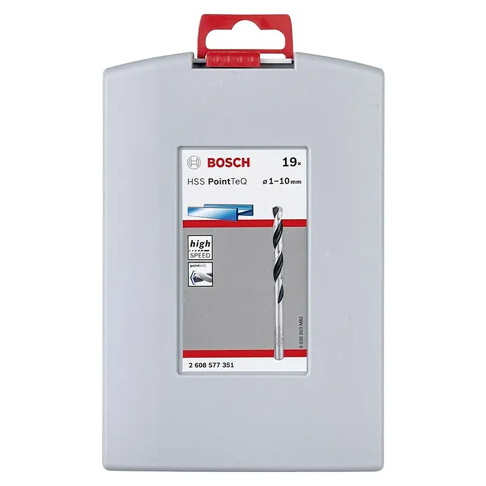 Bosch Metallbohrer PointTeQ - Durchmesser Bohrer: 10 mm - Bild einer Bosch HSS PointTeQ 19-teiligen Metallbohrer-Kassette mit Durchmessern von 1-10mm, ideal für präzise Bohrarbeiten.