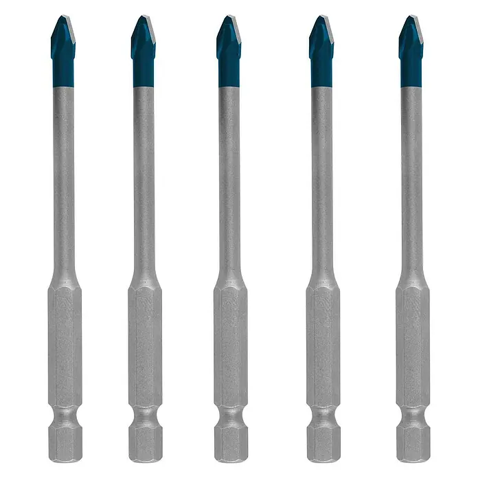 Bosch Professional Expert Bohrer-Set HEX-95 Stk., Durchmesser Bohrer: 5 mm - Fünf blaue Glasschneider-Bohrer mit silbernem Schaft vor schwarzem Hintergrund, ideal zum Schneiden von Glas oder Fliesen.