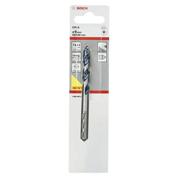 Bosch Beton- & Steinbohrer CYL-5 - Durchmesser Bohrer: 9 mm, 1 Stk., Arbeitslänge: 50 mm - Ein 9mm Bosch CYL-5 Steinbohrer, verpackt, mit den Eigenschaften: schnelles Bohren, lange Lebensdauer und Präzision.