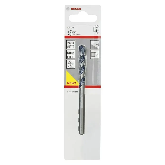 Bosch Beton- & Steinbohrer CYL-5 - Durchmesser Bohrer: 7 mm, 1 Stk., Arbeitslänge: 50 mm - Das Bild zeigt einen Bosch CYL-5 Betonbohrer mit einem Durchmesser von 7 mm und einer Länge von 50/100 mm in einer Verpackung.