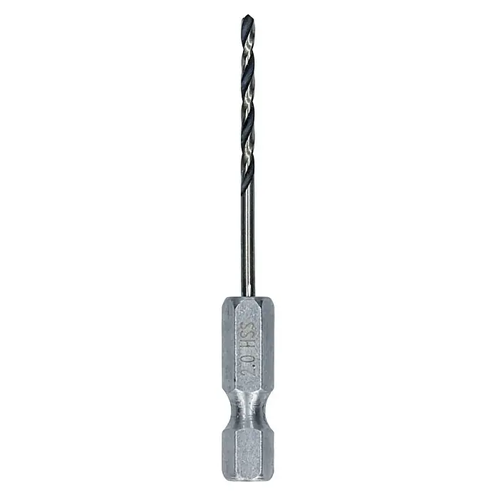 Bosch Metallbohrer PointTeQ - Durchmesser Bohrer: 2 mm - Detailaufnahme eines spiralgenuteten 2.0 HSS-Bohrers mit Sechskantschaft, ideal zum Bohren verschiedener Materialien.