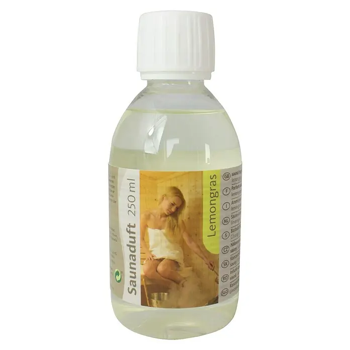 Karibu Saunaduft - Duft: Lemongras, 250 ml - Produktbild einer 250ml Flasche Saunaaufguss mit Lemongrasduft. Das Etikett zeigt eine Frau in der Sauna und Produktinformationen.