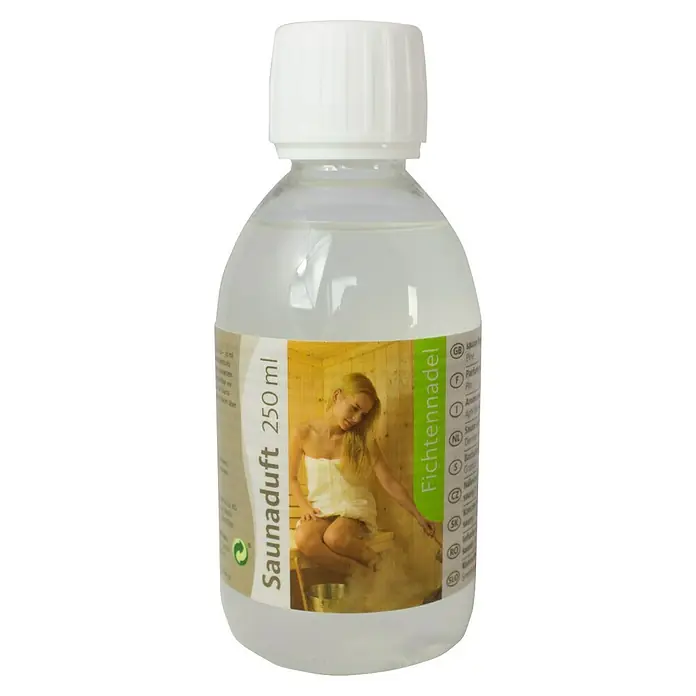 Karibu Saunaduft - Duft: Fichtennadel, 250 ml - Abbildung einer Flasche Saunaduft 250ml mit Fichtennadelduft, ideal für ein entspannendes Saunaerlebnis mit Kiefernaroma für mehr Wohlbefinden.