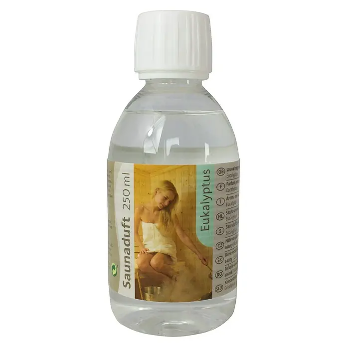 Karibu Saunaduft - Duft: Eukalyptus, 250 ml - Flasche Saunaaufguss Eukalyptus mit 250 ml Inhalt. Erleben Sie den erfrischenden Duft von Eukalyptus in Ihrer Sauna.