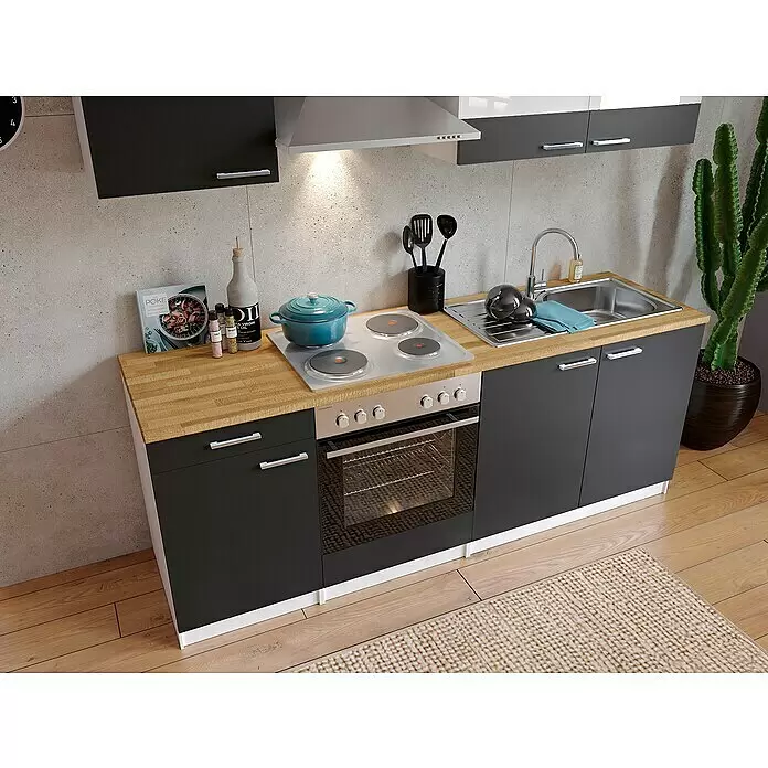 Respekta Singleküche Malia - Breite: 210 cm, Grau, Dekor Arbeitsplatte: Holzoptik, Volumen Backofen: 60 l - Stimmungsaufnahme