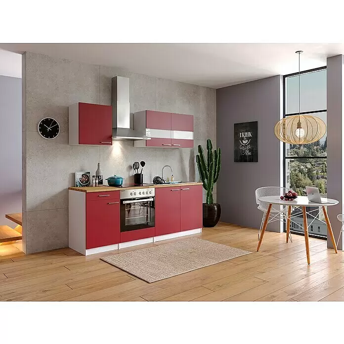 Respekta Singleküche Malia - Breite: 210 cm, Rot, Dekor Arbeitsplatte: Holzoptik, Volumen Backofen: 72 l - Stimmungsaufnahme