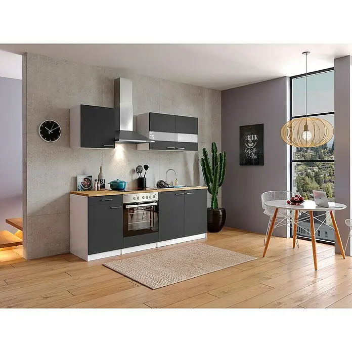 Respekta Singleküche Malia - Breite: 210 cm, Grau, Dekor Arbeitsplatte: Holzoptik, Volumen Backofen: 72 l - Die moderne Küche mit grauen Schränken, Holzarbeitsplatte und Edelstahlakzenten bietet stilvollen Stauraum und Funktionalität. Der Raum ist hell und einladend gestaltet.