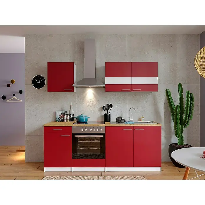 Respekta Singleküche Malia - Breite: 210 cm, Rot, Dekor Arbeitsplatte: Holzoptik, Volumen Backofen: 72 l - Rote Küche mit modernen Schränken, Dunstabzugshaube und Elektrogeräten für ein stilvolles Kocherlebnis.