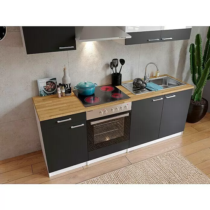 Respekta Singleküche Malia - Breite: 210 cm, Grau, Dekor Arbeitsplatte: Holzoptik, Volumen Backofen: 72 l - Stimmungsaufnahme