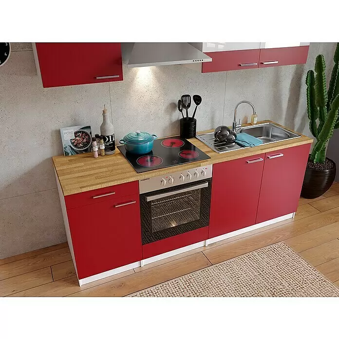Respekta Singleküche Malia - Breite: 210 cm, Rot, Dekor Arbeitsplatte: Holzoptik, Volumen Backofen: 72 l - Stimmungsaufnahme