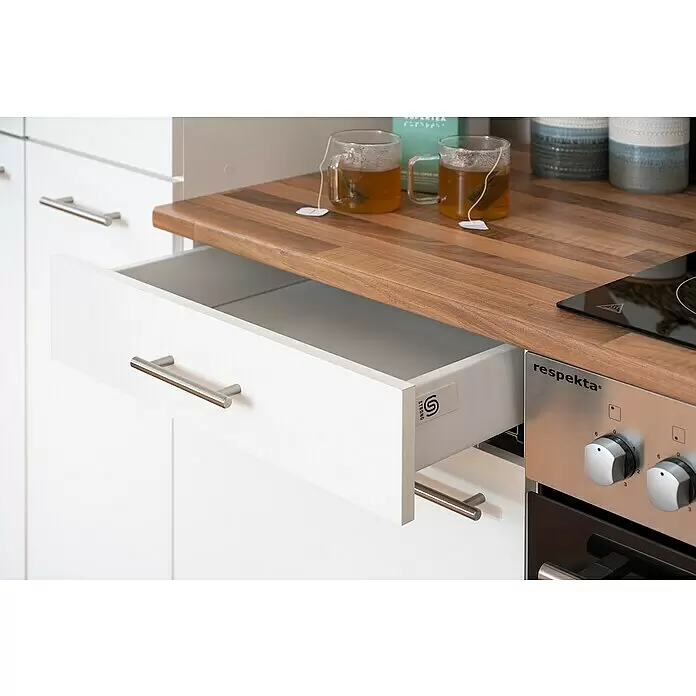 Respekta Küchenzeile Malia - Breite: 300 cm, Weiß, Mit Elektrogeräten, Dekor Arbeitsplatte: Holzoptik, Volumen Backofen: 72 l - Detailaufnahme