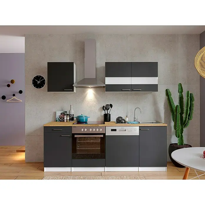 Respekta Singleküche Malia - Breite: 220 cm, Grau, Dekor Arbeitsplatte: Holzoptik, Volumen Backofen: 72 l - Moderne graue Küche mit Holzplatte, Edelstahldunstabzugshaube und Kakteenpflanze. Ideal für stilvolle Wohnräume.