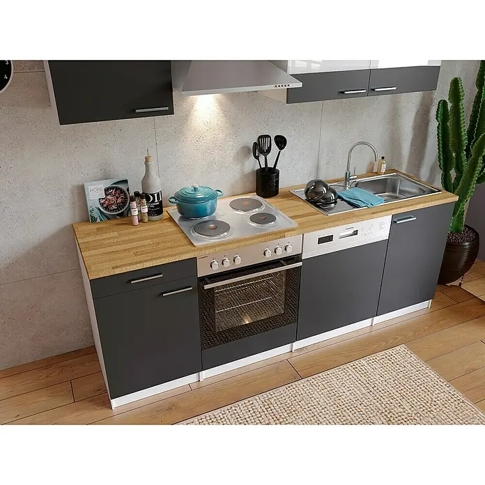 Respekta Singleküche Malia - Breite: 220 cm, Grau, Dekor Arbeitsplatte: Holzoptik, Volumen Backofen: 60 l - Eine moderne Küchenzeile in Grau mit hölzerner Arbeitsplatte, inklusive Spüle, Herd und Backofen, ideal für kleine Räume.