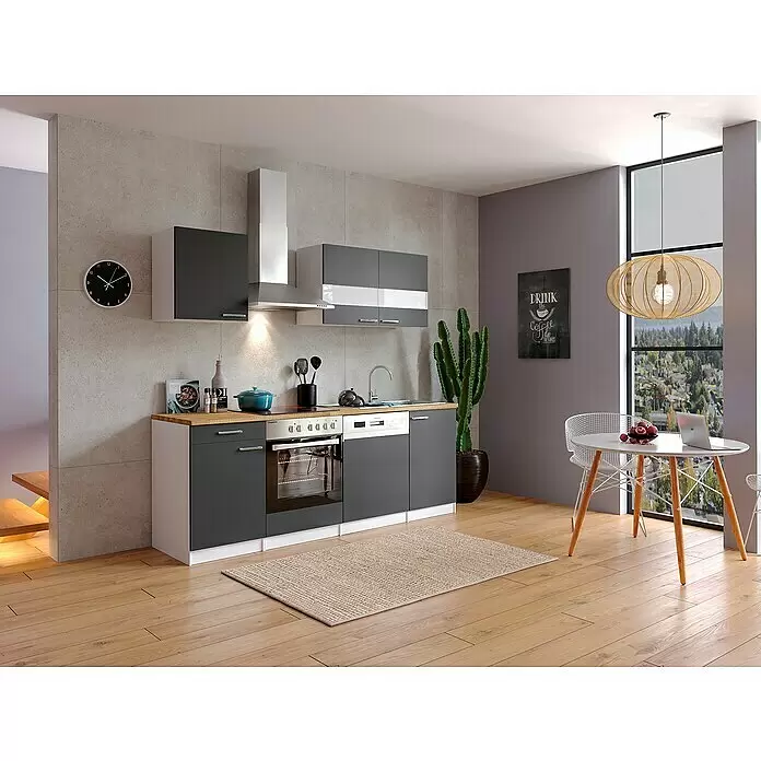 Respekta Singleküche Malia - Breite: 220 cm, Grau, Dekor Arbeitsplatte: Holzoptik, Volumen Backofen: 72 l - Stimmungsaufnahme