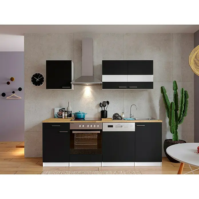Respekta Singleküche Malia - Breite: 220 cm, Schwarz, Dekor Arbeitsplatte: Holzoptik, Volumen Backofen: 72 l - Moderne Küche mit schwarzen Schränken, hellem Holzarbeitsplatte, Edelstahlgeräten und einem großen Kaktus für einen frischen Touch.