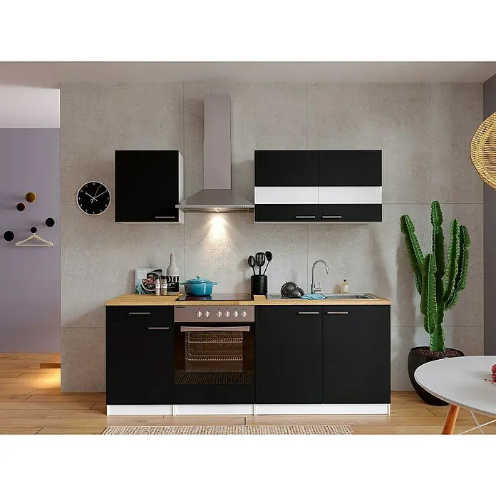 Respekta Singleküche Malia - Breite: 210 cm, Schwarz, Dekor Arbeitsplatte: Holzoptik, Volumen Backofen: 72 l - Einbauküche in Schwarz mit Holzarbeitsplatte, Dunstabzugshaube, Hängeschränken und Elektroherd für moderne Küchengestaltung.