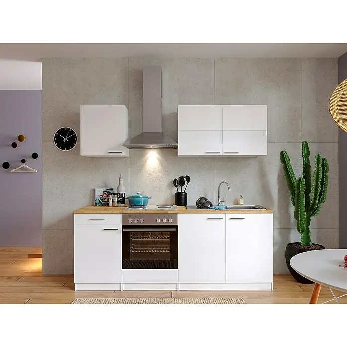 Respekta Singleküche Malia - Breite: 210 cm, Weiß, Dekor Arbeitsplatte: Holzoptik, Volumen Backofen: 60 l - Küchenzeile mit weißen Schränken, Edelstahl-Dunstabzugshaube und Holzarbeitsplatte für eine funktionale und stilvolle Einrichtung.
