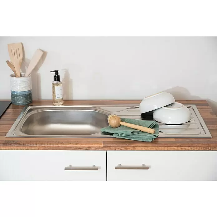 Respekta Küchenzeile Malia - Breite: 300 cm, Weiß, Mit Elektrogeräten, Dekor Arbeitsplatte: Holzoptik, Volumen Backofen: 72 l - Detailaufnahme