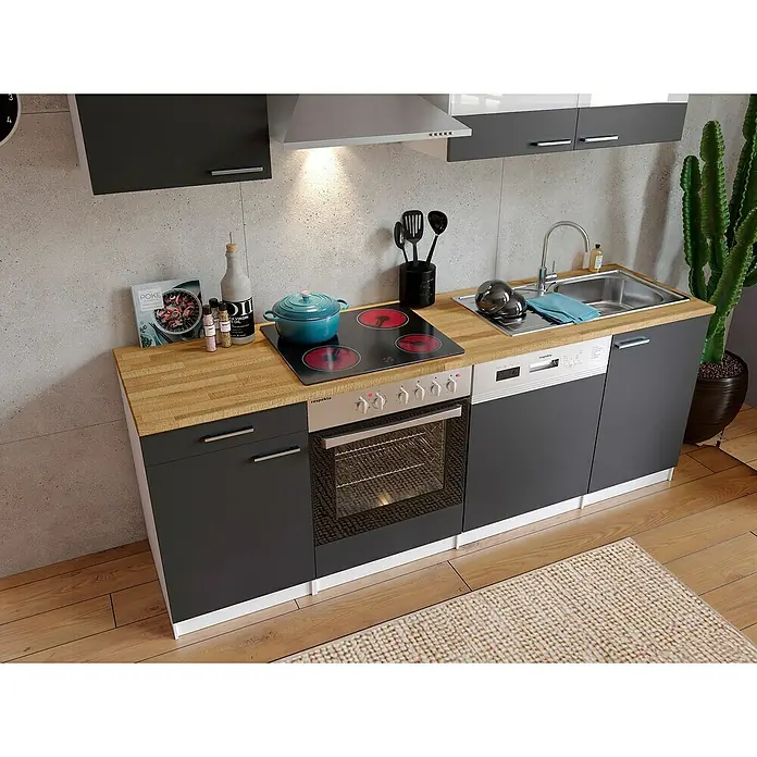 Respekta Singleküche Malia - Breite: 220 cm, Grau, Dekor Arbeitsplatte: Holzoptik, Volumen Backofen: 72 l - Einbauküche mit Holzplatte, Herd, Spüle und Geschirrspüler in Grau und Weiß. Praktisches Design für kleine Räume.