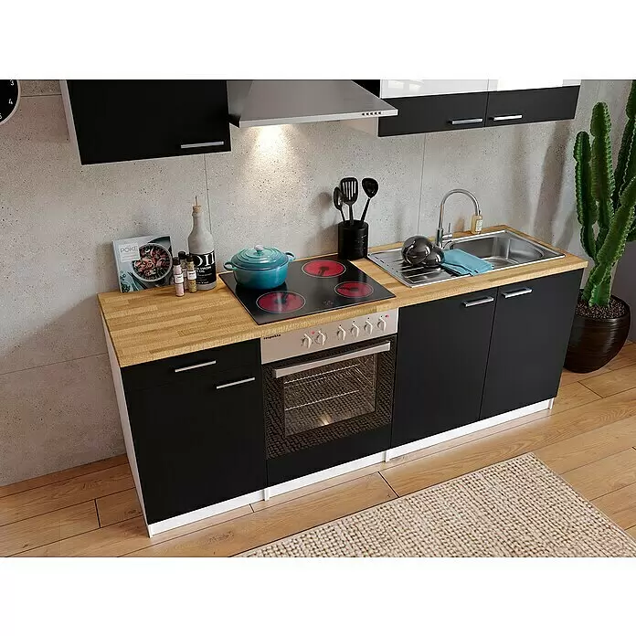 Respekta Singleküche Malia - Breite: 210 cm, Schwarz, Dekor Arbeitsplatte: Holzoptik, Volumen Backofen: 72 l - Stimmungsaufnahme