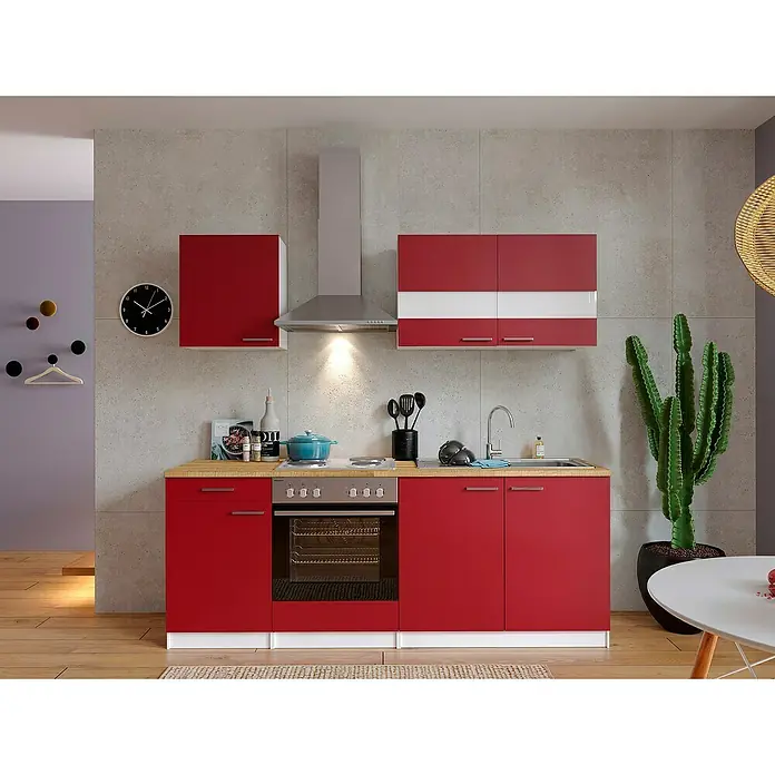 Respekta Singleküche Malia - Breite: 210 cm, Rot, Dekor Arbeitsplatte: Holzoptik, Volumen Backofen: 60 l - Rote Einbauküche mit Edelstahl-Dunstabzugshaube und Arbeitsplatte aus Holz, ideal für kleine Räume. Kompaktes Design für moderne Wohnungen.