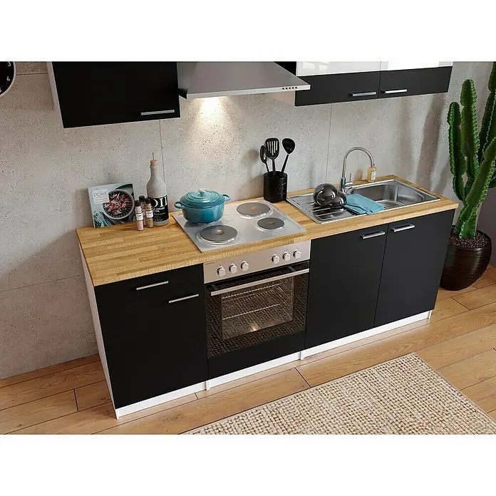 Respekta Singleküche Malia - Breite: 210 cm, Schwarz, Dekor Arbeitsplatte: Holzoptik, Volumen Backofen: 60 l - Eine moderne Küchenzeile in Schwarz und Holzoptik mit Kochfeld, Spüle und integriertem Ofen. Praktisch und stilvoll für kleine Küchen.