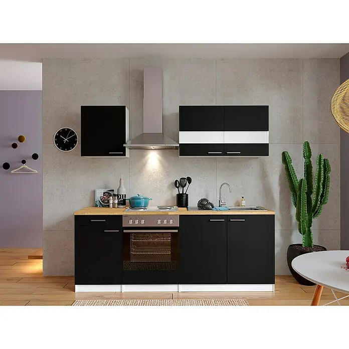 Respekta Singleküche Malia - Breite: 210 cm, Schwarz, Dekor Arbeitsplatte: Holzoptik, Volumen Backofen: 60 l - Kompakte Küchenzeile mit schwarzen Schränken, Holzplatte und Edelstahl-Elementen für moderne Wohnräume.