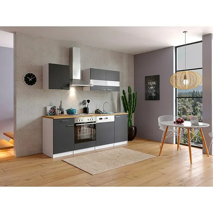 Respekta Singleküche Malia - Breite: 220 cm, Grau, Dekor Arbeitsplatte: Holzoptik, Volumen Backofen: 60 l - Eine moderne Küche mit grauen Schränken, einer Holzarbeitsplatte und einem runden Esstisch unter einer dekorativen Lampe.