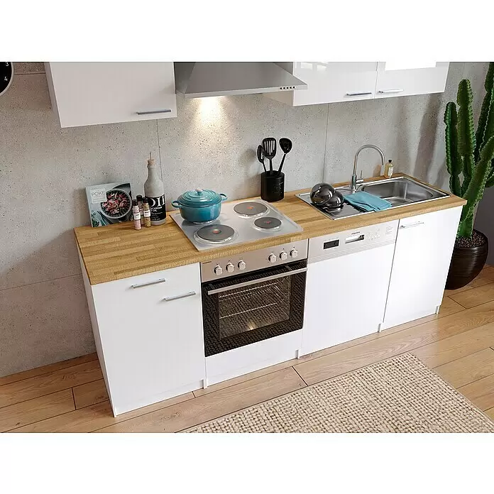 Respekta Singleküche Malia - Breite: 220 cm, Weiß, Dekor Arbeitsplatte: Holzoptik, Volumen Backofen: 60 l - Stimmungsaufnahme