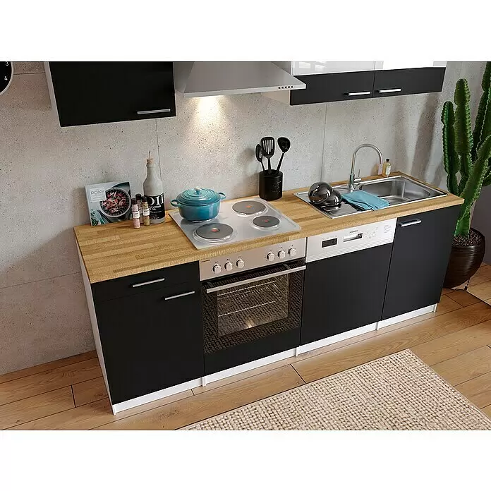 Respekta Singleküche Malia - Breite: 220 cm, Schwarz, Dekor Arbeitsplatte: Holzoptik, Volumen Backofen: 60 l - Stimmungsaufnahme