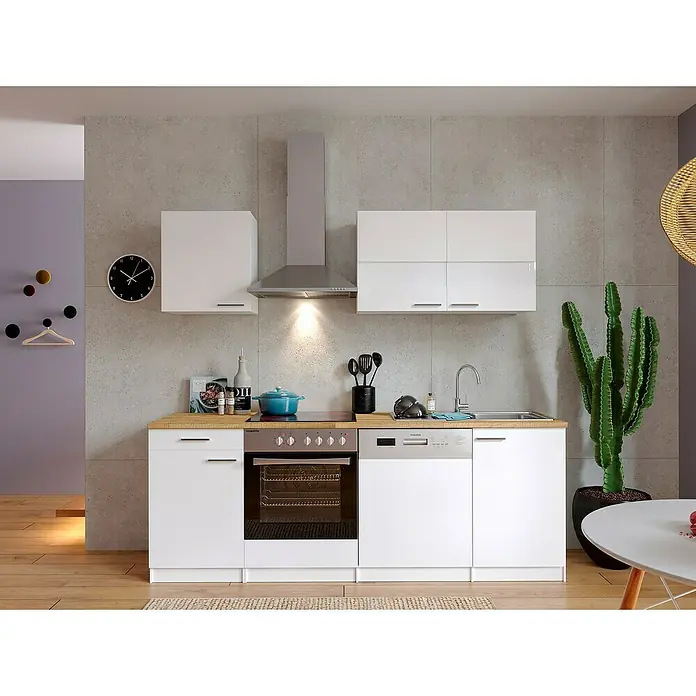 Respekta Singleküche Malia - Breite: 220 cm, Weiß, Dekor Arbeitsplatte: Holzoptik, Volumen Backofen: 72 l - Moderne Küche mit weißen Schränken, Holzarbeitsplatte und Edelstahlgeräten, ideal für zeitgemäße Wohnräume.