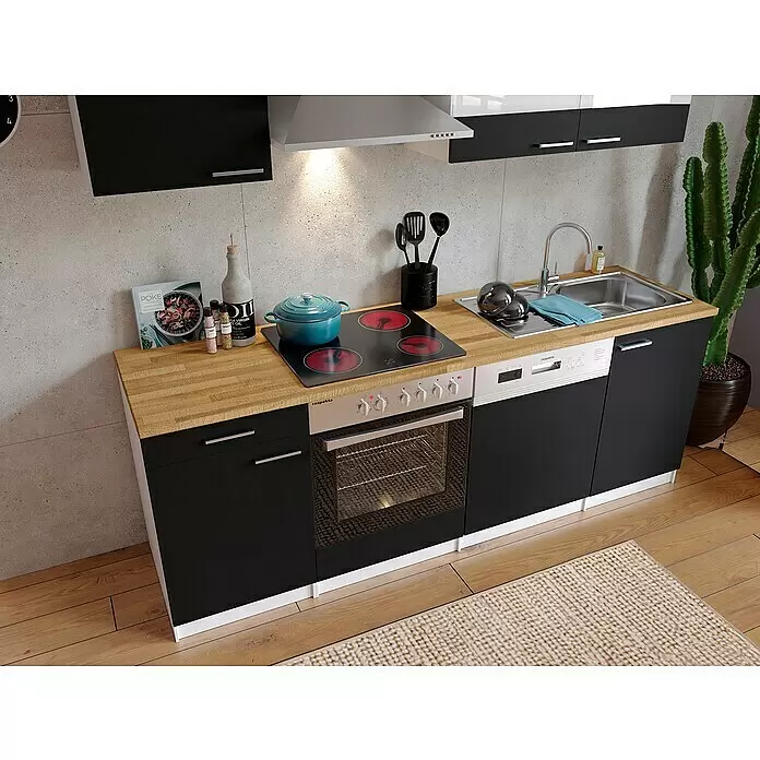 Respekta Singleküche Malia - Breite: 220 cm, Schwarz, Dekor Arbeitsplatte: Holzoptik, Volumen Backofen: 72 l - Stimmungsaufnahme