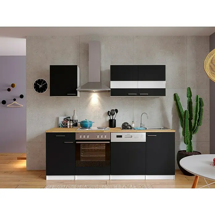 Respekta Singleküche Malia - Breite: 220 cm, Schwarz, Dekor Arbeitsplatte: Holzoptik, Volumen Backofen: 60 l - Moderne Küche mit schwarzen Schränken, Dunstabzugshaube und Holzarbeitsplatte. Die Küche ist kompakt und funktional gestaltet.