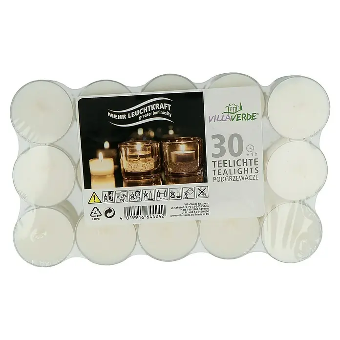 Vela de té - Blanco, Tiempo de combustión aprox.: 4 h, 30 ud. - Un paquete de velas de té Villaverde con las palabras "Mehr Leuchtkraft" y una nota que indica 30 velas de té con un tiempo de combustión de ±4 horas.