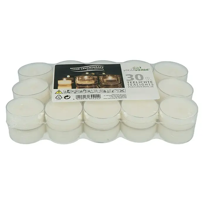 Vela de té - Blanco, Tiempo de combustión aprox.: 4 h, 30 ud. - Primer plano de un paquete de 30 velas de té Villaverde, creando un ambiente cálido y acogedor.