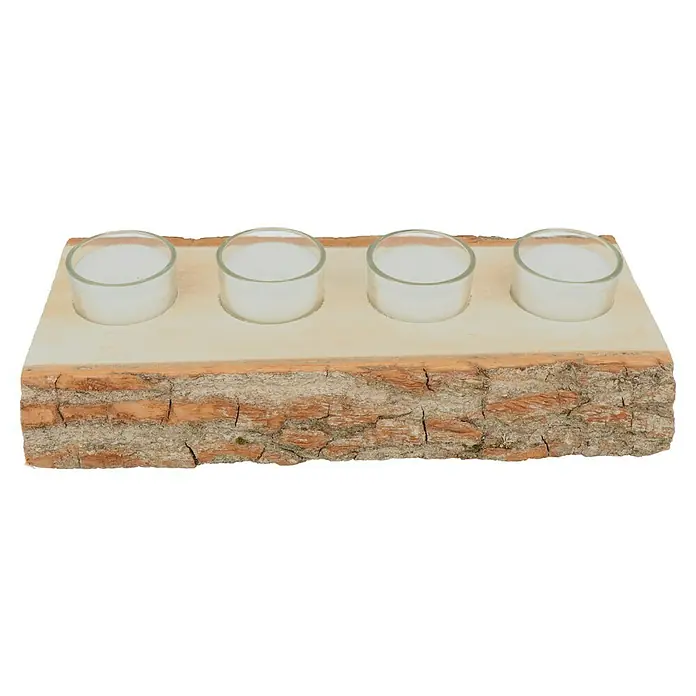 Dekokerze Teelichtbrett - 29 x 12 cm, Holz - Rustikaler Kerzenhalter aus Holzrinde mit vier Teelichtern für stimmungsvolles Licht und natürliche Dekoration.