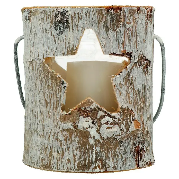 Windlicht Holz - Ø x H: 12 x 12 cm, Holz, Stern - Rustikale Birkenholz-Laterne mit Sternausschnitt und Metallgriffen für gemütliche Atmosphäre.