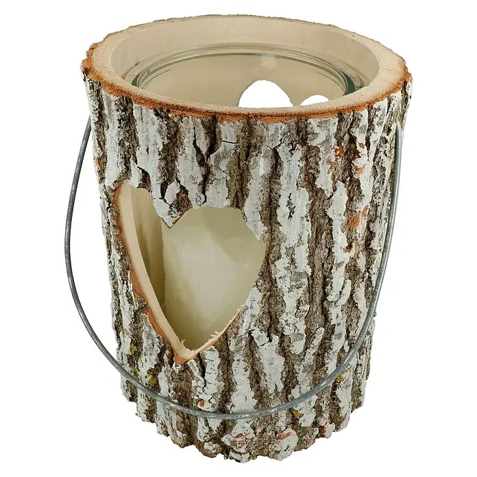 Windlicht Holz - Ø x H: 21 x 26 cm, Holz, Herz - Rustikale Baumrinde Laterne mit Herz-Ausschnitt und Metallbügel. Das ideale Deko-Element für gemütliche Stunden im Haus oder Garten.