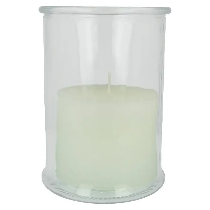Windlicht Holz - Ø x H: 21 x 26 cm, Holz, Herz - Kerze im Glas. Die cremefarbene Stumpenkerze sitzt in einem klaren Glasbehälter und sorgt für sanftes, warmes Licht.