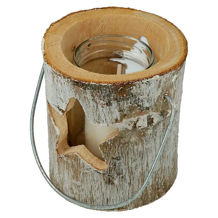 Windlicht Holz - Ø x H: 12 x 12 cm, Holz, Stern - Kerzenhalter aus Birkenholz mit Sternausschnitt und Metallgriff, ein dekoratives Windlicht für gemütliche Stunden.