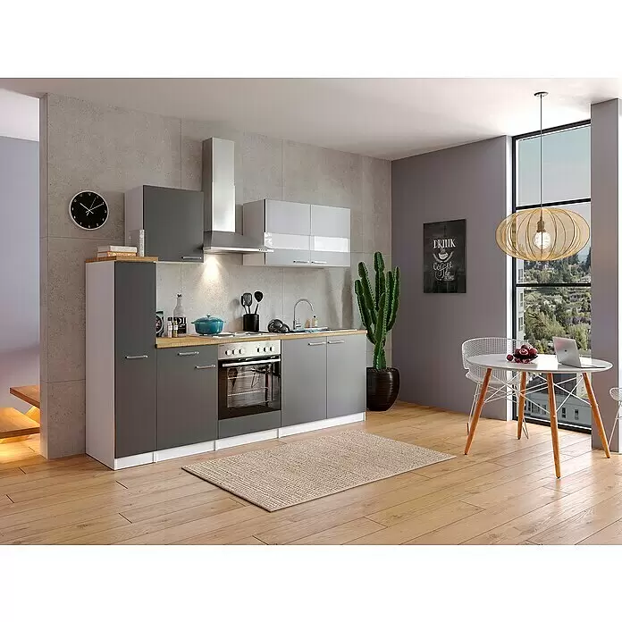 Respekta Singleküche Malia - Breite: 240 cm, Grau, Dekor Arbeitsplatte: Holzoptik, Volumen Backofen: 60 l - Stimmungsaufnahme