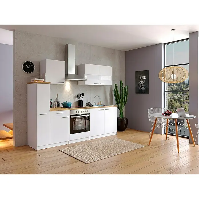Respekta Singleküche Malia - Breite: 240 cm, Weiß, Dekor Arbeitsplatte: Holzoptik, Volumen Backofen: 72 l - Helle Küche mit weißen Schränken, Holzarbeitsplatte und Esstisch. Die Küche ist modern und minimalistisch eingerichtet mit viel Stauraum.
