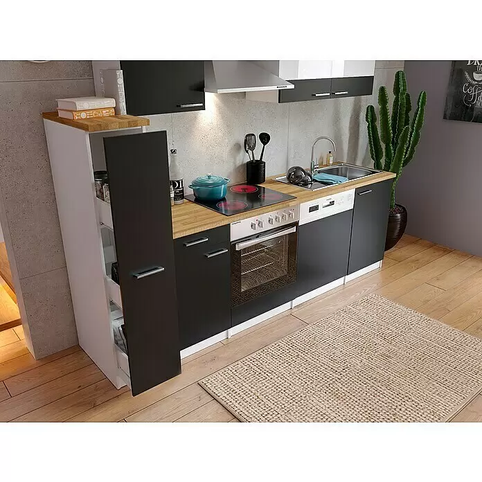 Respekta Singleküche Malia - Breite: 250 cm, Schwarz, Dekor Arbeitsplatte: Holzoptik, Volumen Backofen: 72 l - Stimmungsaufnahme