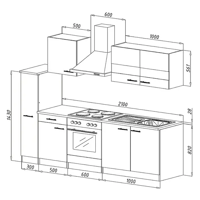 Respekta Cocina compacta Malia - Ancho: 240 cm, Blanco, Decoración encimera: Efecto madera, Volumen horno: 72 l - Ilustración de una cocina con fogones, fregadero, armarios superiores y campana extractora, con dimensiones para la planificación.