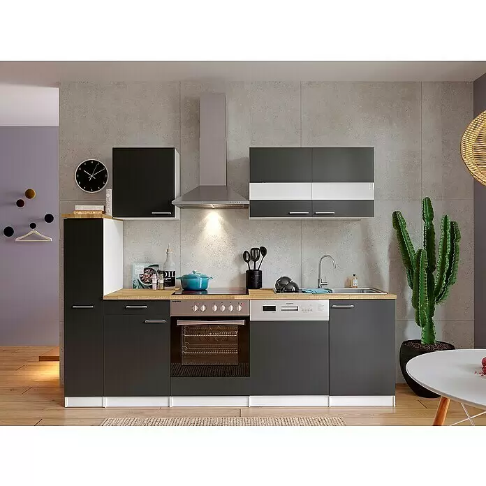 Respekta Singleküche Malia - Breite: 250 cm, Grau, Dekor Arbeitsplatte: Holzoptik, Volumen Backofen: 72 l - Stimmungsaufnahme