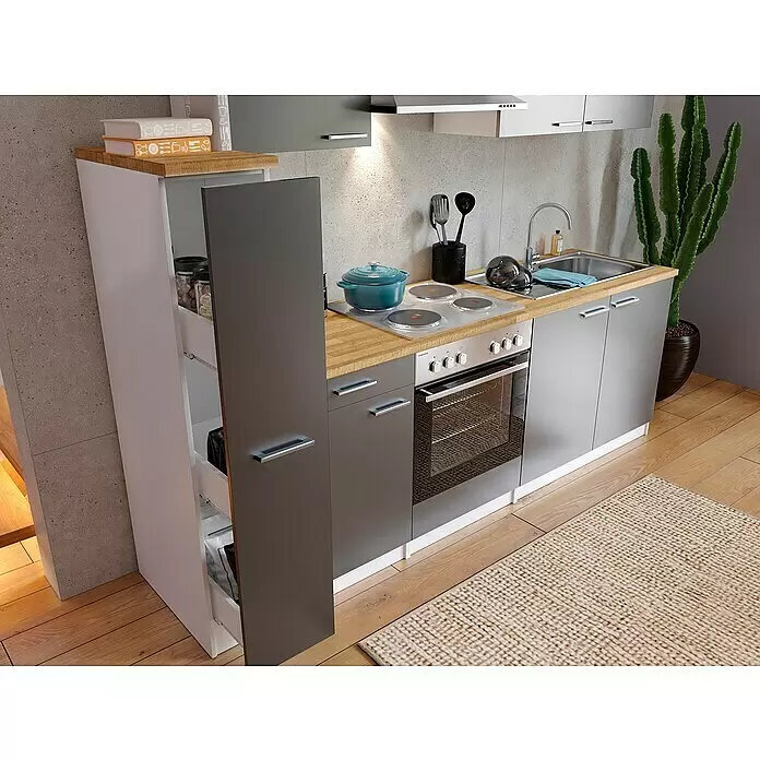 Respekta Singleküche Malia - Breite: 240 cm, Grau, Dekor Arbeitsplatte: Holzoptik, Volumen Backofen: 60 l - Stimmungsaufnahme