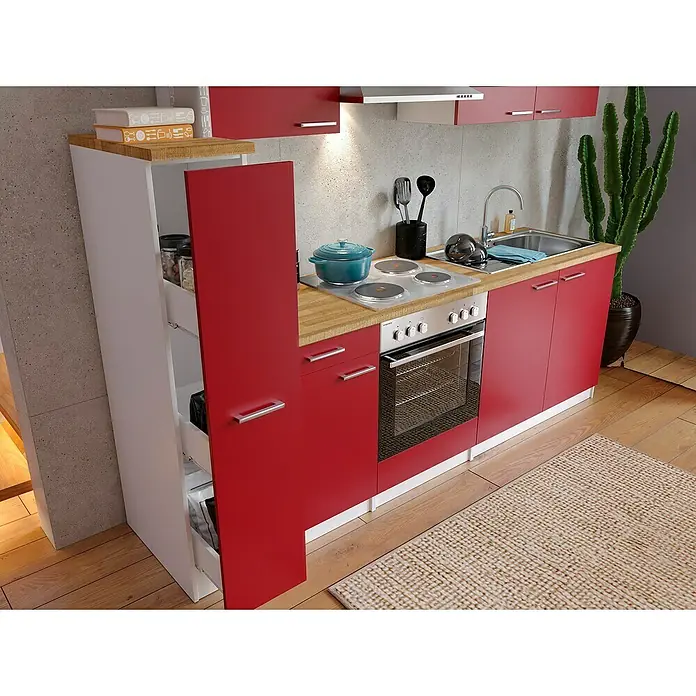 Respekta Singleküche Malia - Breite: 240 cm, Rot, Dekor Arbeitsplatte: Holzoptik, Volumen Backofen: 60 l - Eine moderne Küche in Rot und Weiß mit Kochfeld, Spüle, Backofen und einem schlanken Auszugsschrank. Die Arbeitsplatte ist in Holzoptik gehalten.